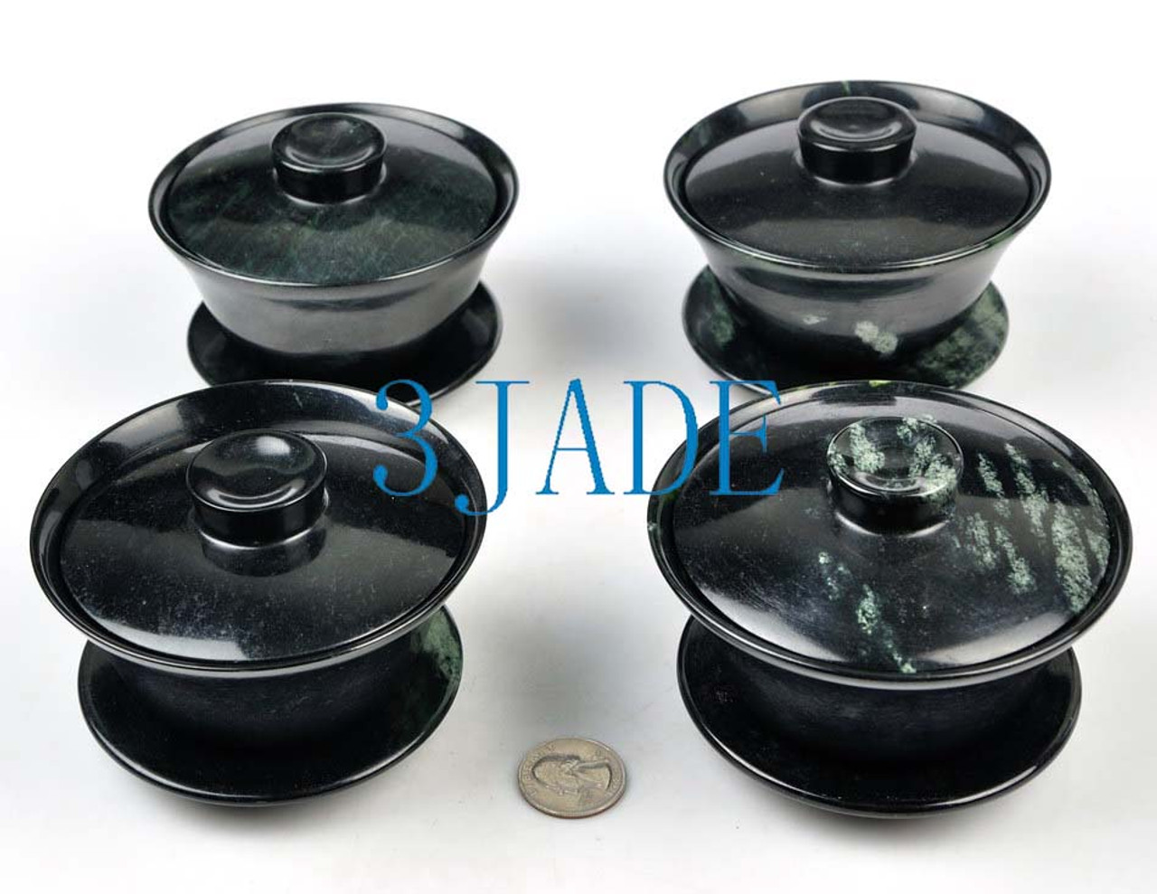 Natural Black Green Jade / Serpentine Bowl Sets (GaiWan) -N002040