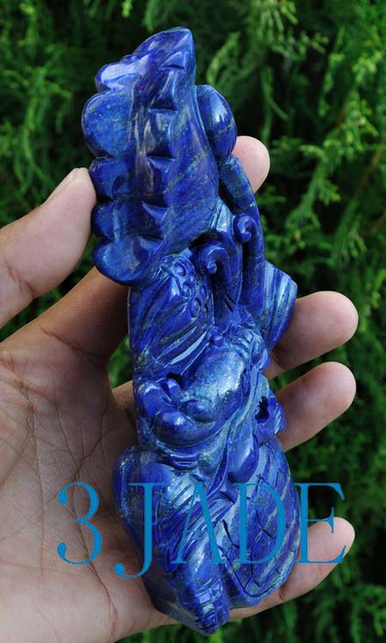 Natural Lapis Lazuli Gemstone Carving / Sculpture: Lotus Dragon Turtle Statue -J040262