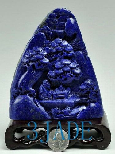 Natural Lapis Lazuli Gemstone Pine Carving Sculpture: Reclusive Life Statue