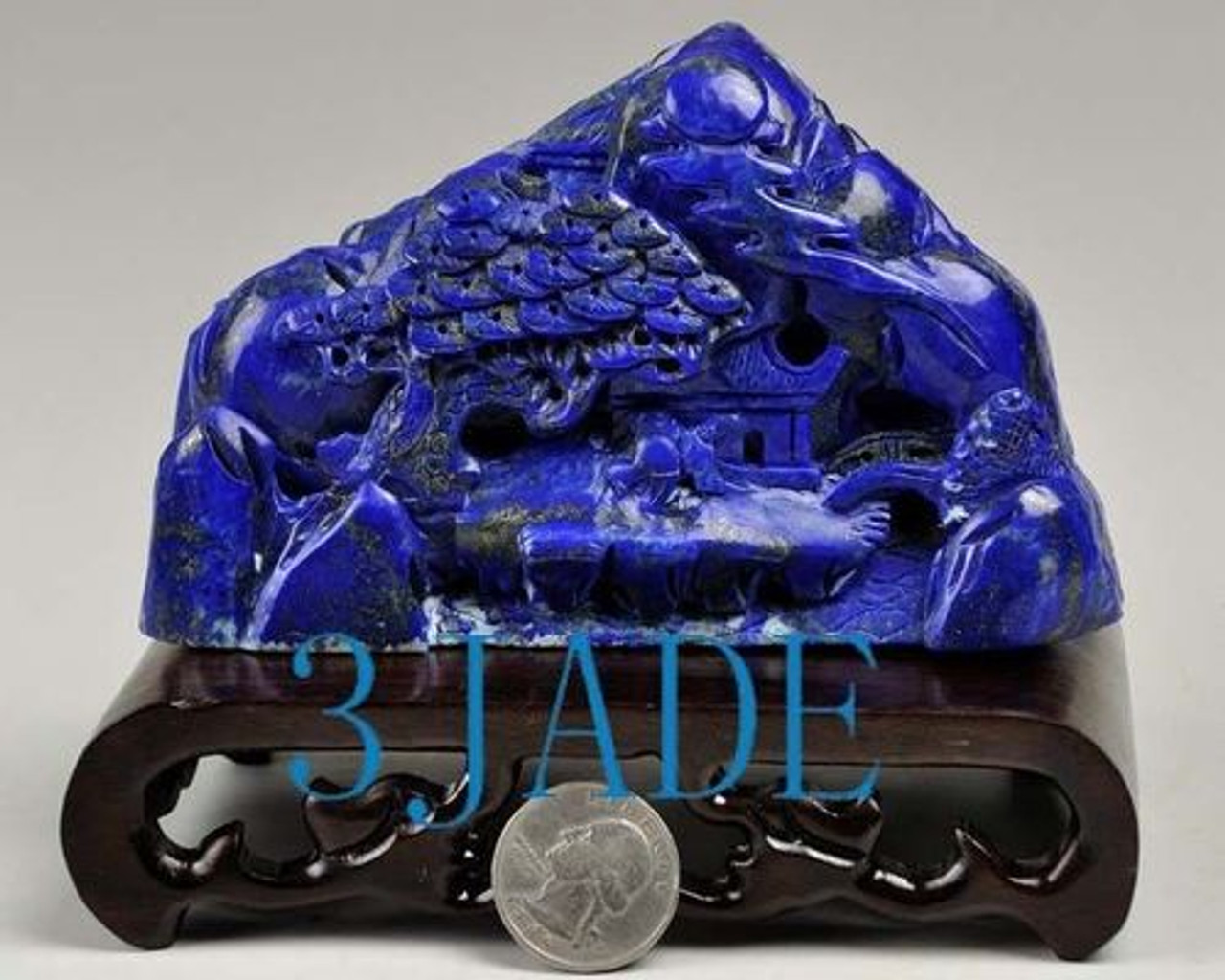 Natural Lapis Lazuli Gemstone  Pine Carving Sculpture: Reclusive Life Statue