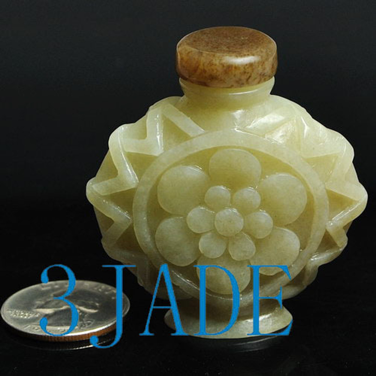 Hand Carved Natural Hetian Nephrite Jade Flower Snuff Bottle w/ certificate -N009078