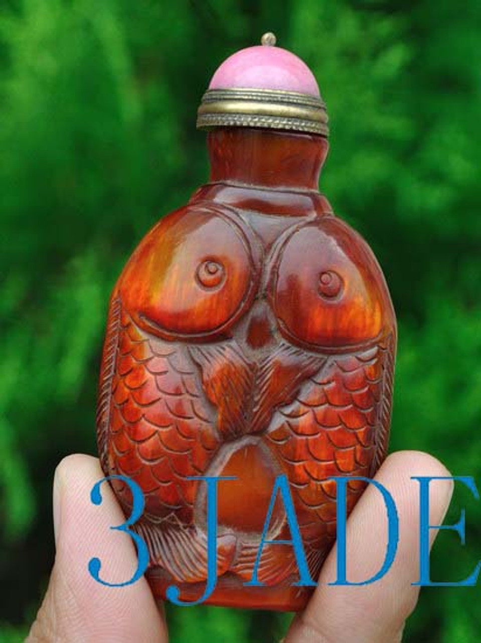 Hand Carved Double Koi Fish Horn Snuff Bottle -N009095