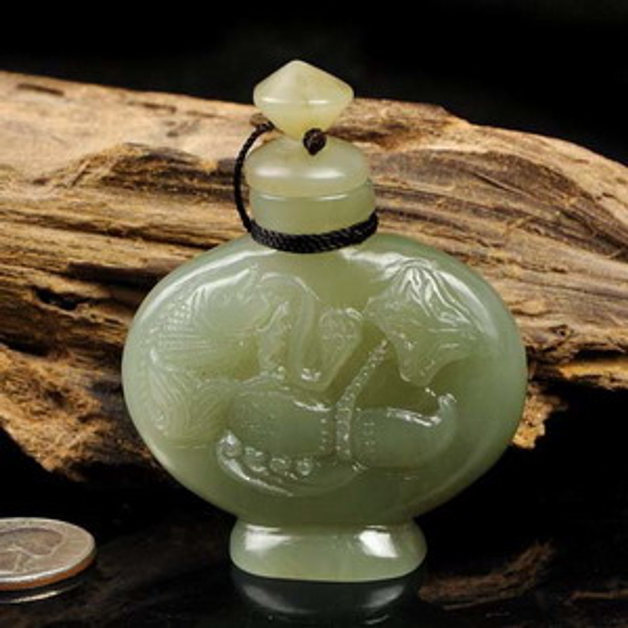 Carved Natural Hetian Nephrite Jade Lotus Koi Fish Snuff Bottle -N009132