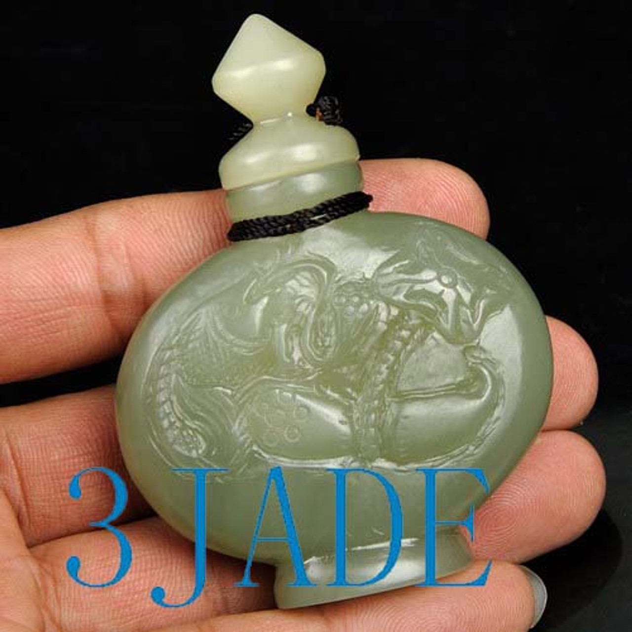 Carved Natural Hetian Nephrite Jade Lotus Koi Fish Snuff Bottle -N009130