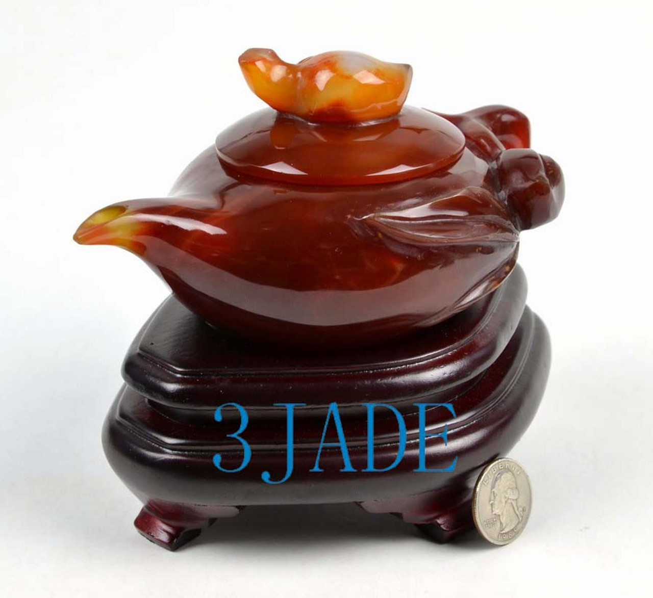 6 3/4" Hand Carved Red Agate / Carnelian Peach Teapot / Tea Pot Carving -N013053