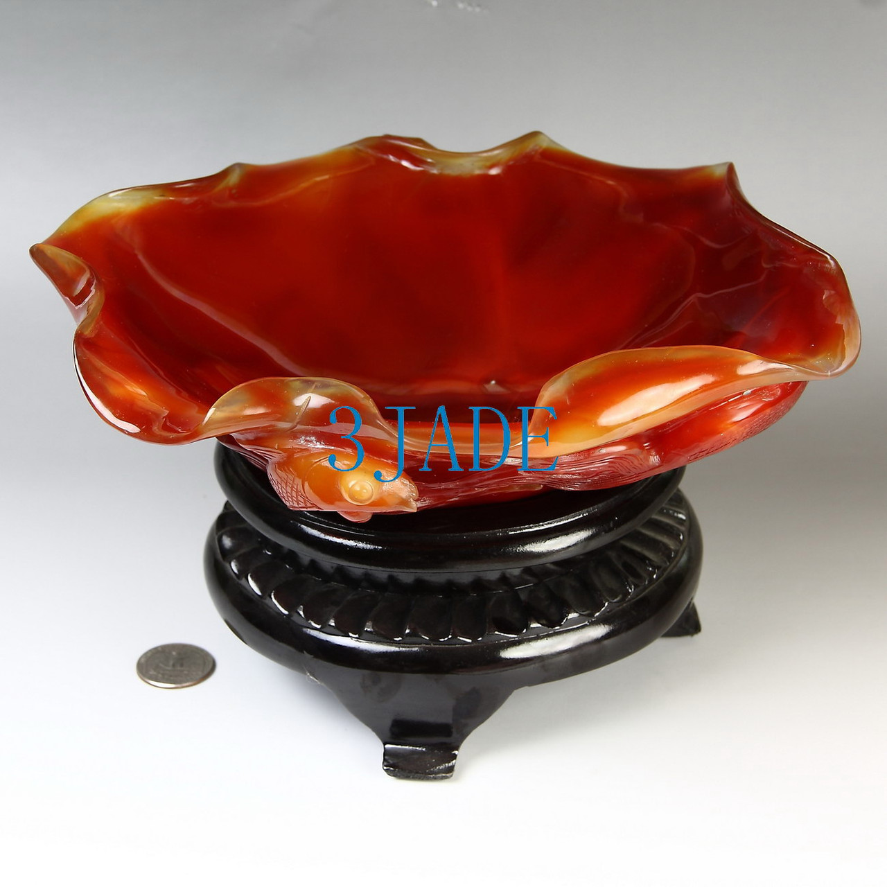 9" Carnelian / Red Agate Carving / Sculpture: Goldfish Fruit Plate Statue
