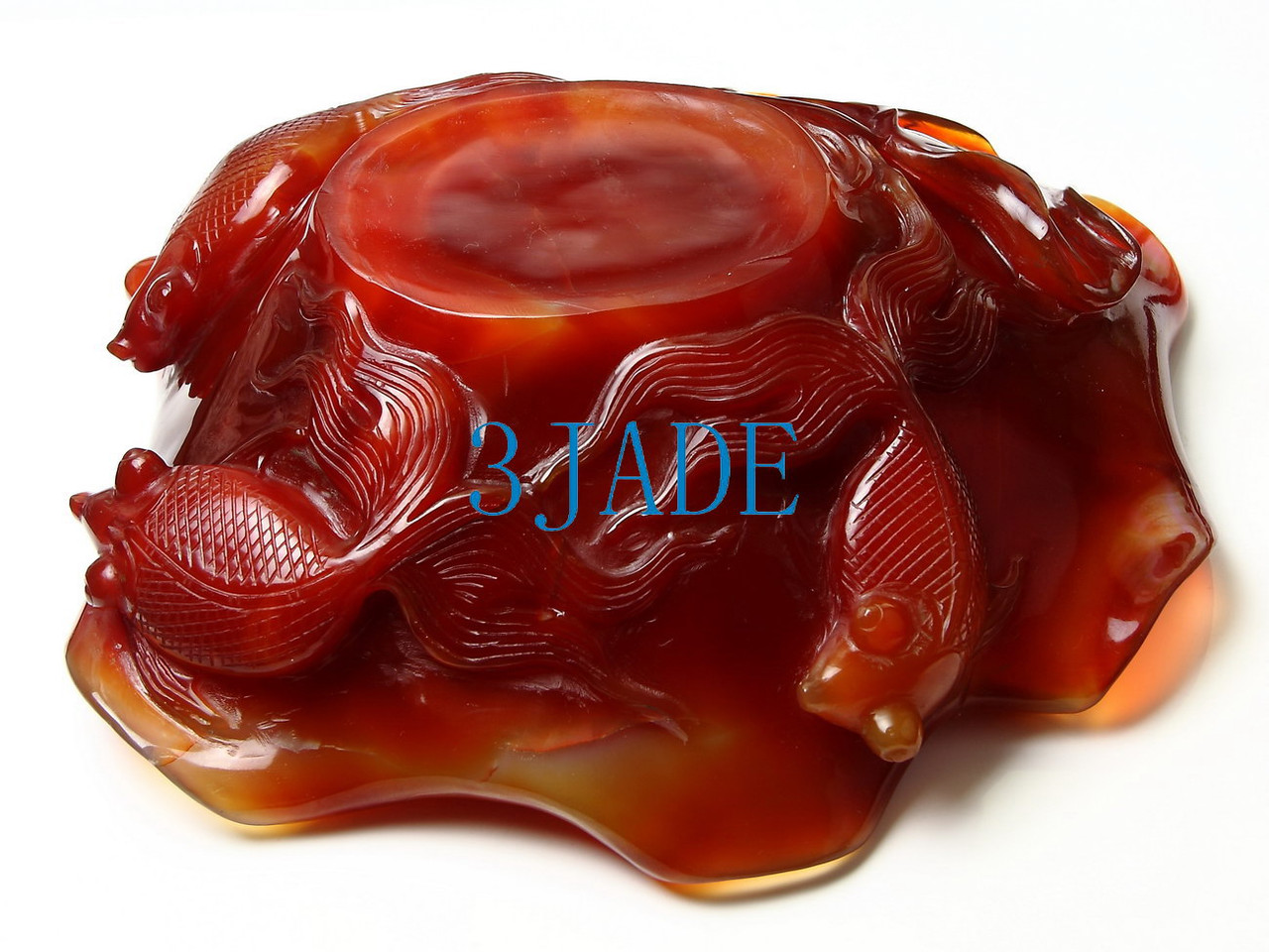 9" Carnelian / Red Agate Carving / Sculpture: Goldfish Fruit Plate Statue