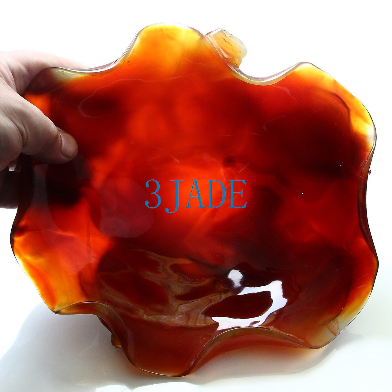 9" Carnelian / Red Agate Carving / Sculpture: Goldfish Fruit Plate Statue