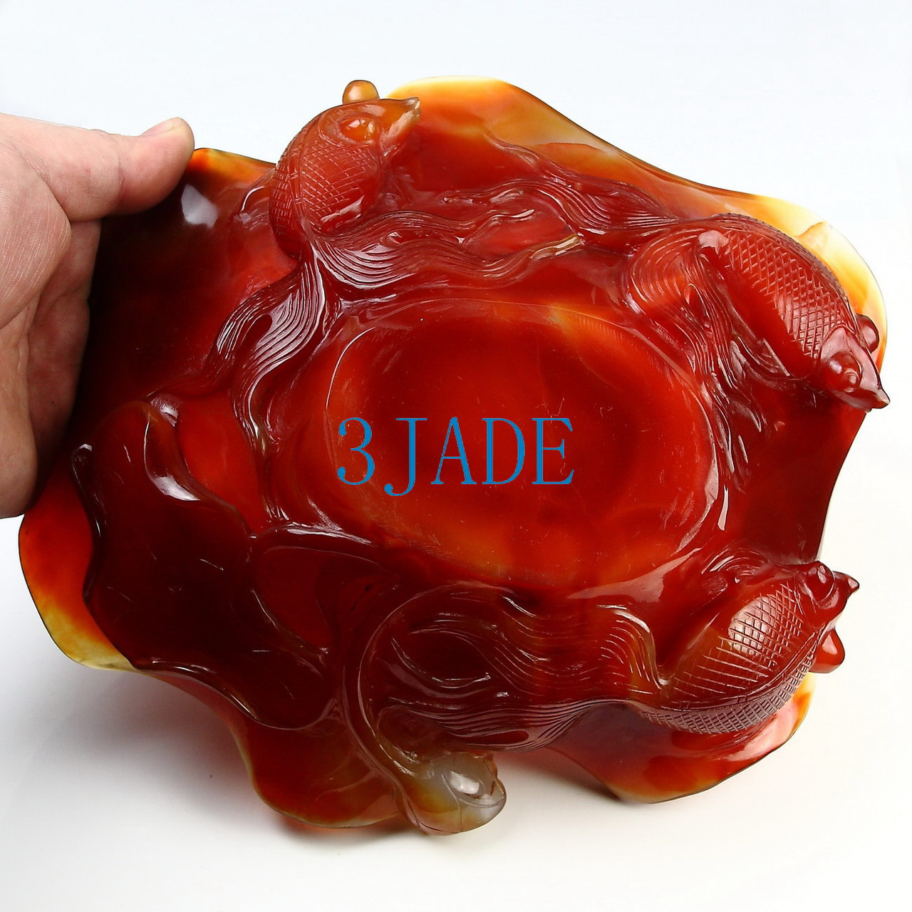 9" Carnelian / Red Agate Carving / Sculpture: Goldfish Fruit Plate Statue