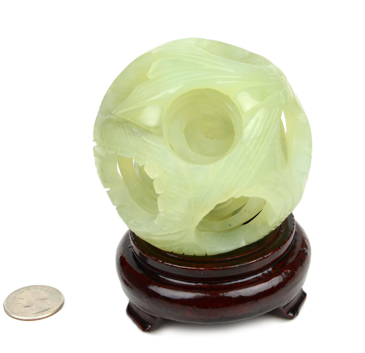 Natural Translucent Serpentine Jade 5-Layer Puzzle Ball with Dragon and Phoenix Motif
