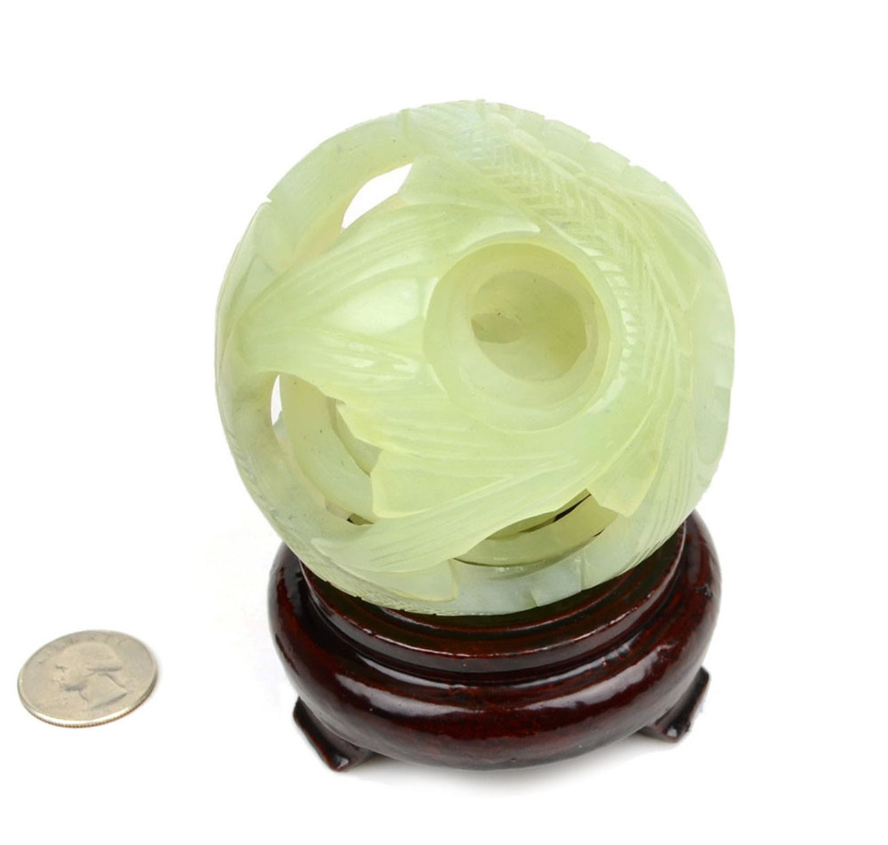 Natural Translucent Serpentine Jade 5-Layer Puzzle Ball with Dragon and Phoenix Motif