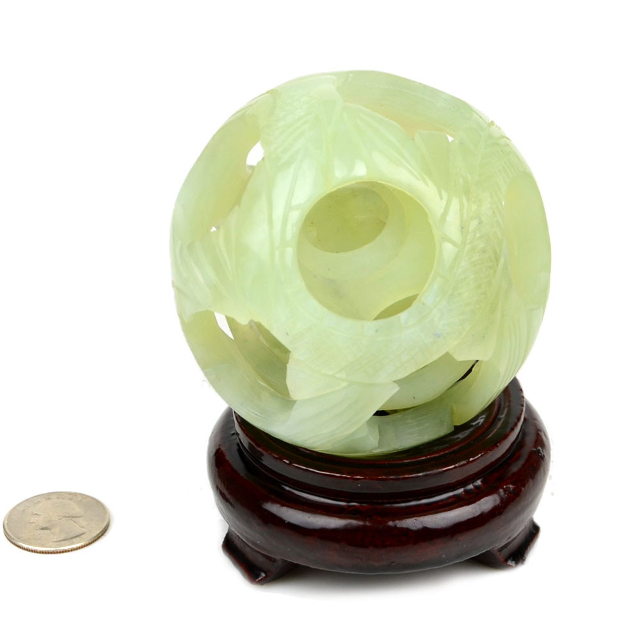 Natural Translucent Serpentine Jade 5-Layer Puzzle Ball with Dragon and Phoenix Motif