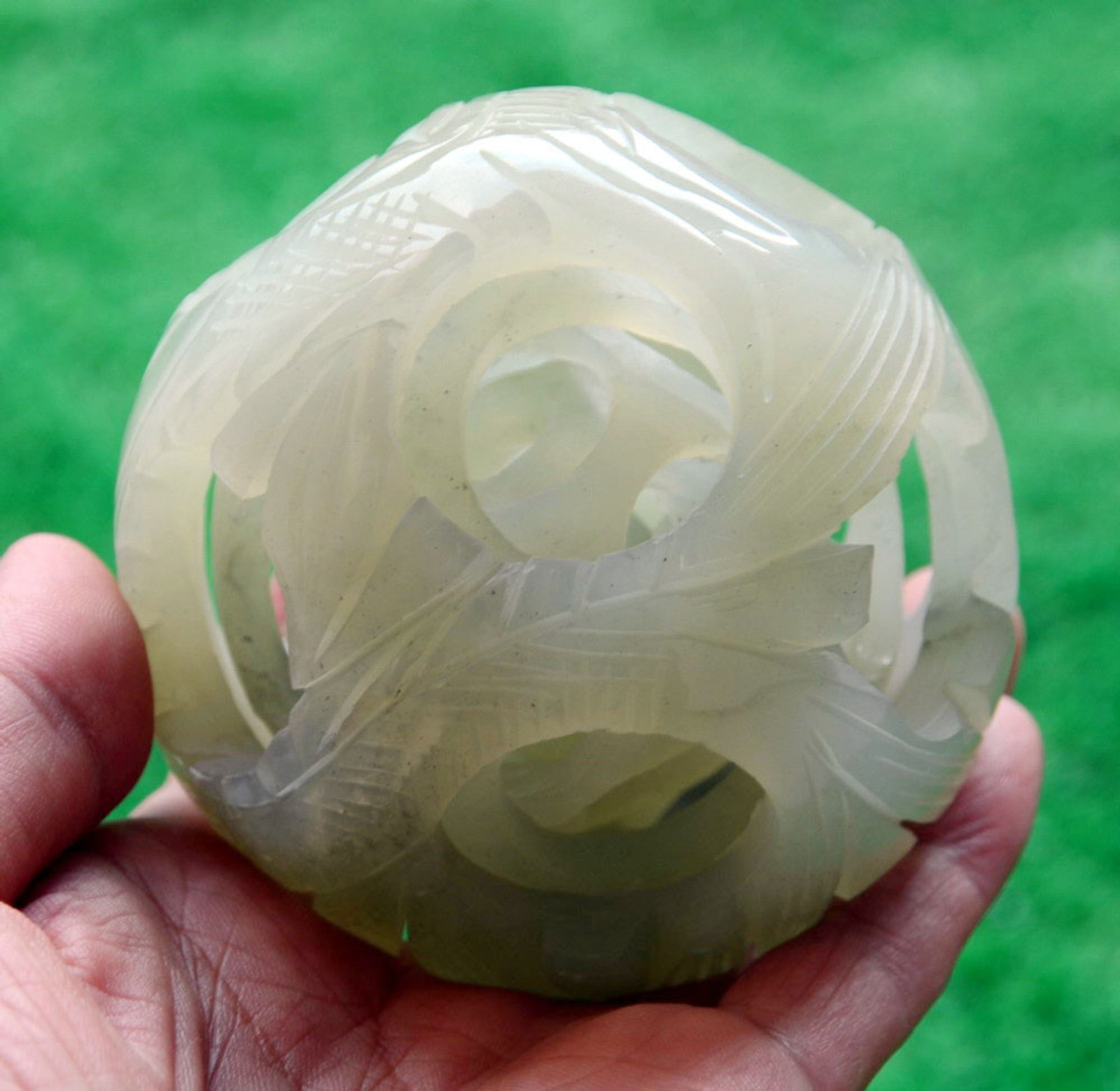 Natural Translucent Serpentine Jade 5-Layer Puzzle Ball with Dragon and Phoenix Motif
