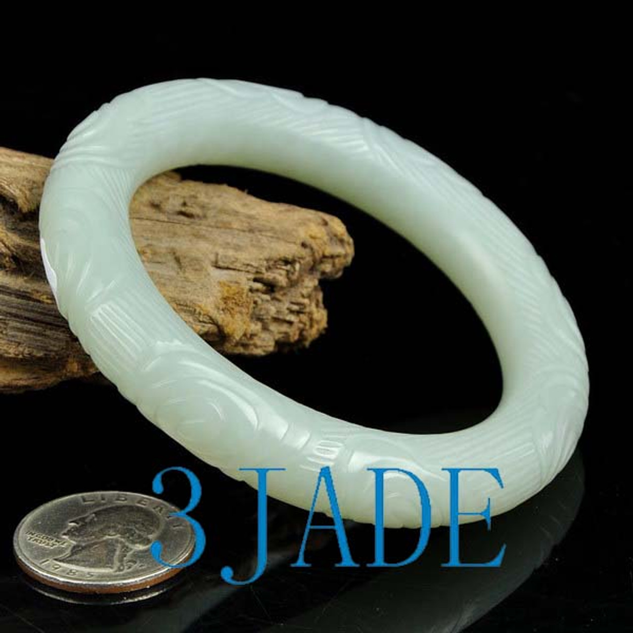 57mm White Nephrite Jade Bangle Bracelet w/ Hand-Carved Patterns, w/ Certificate