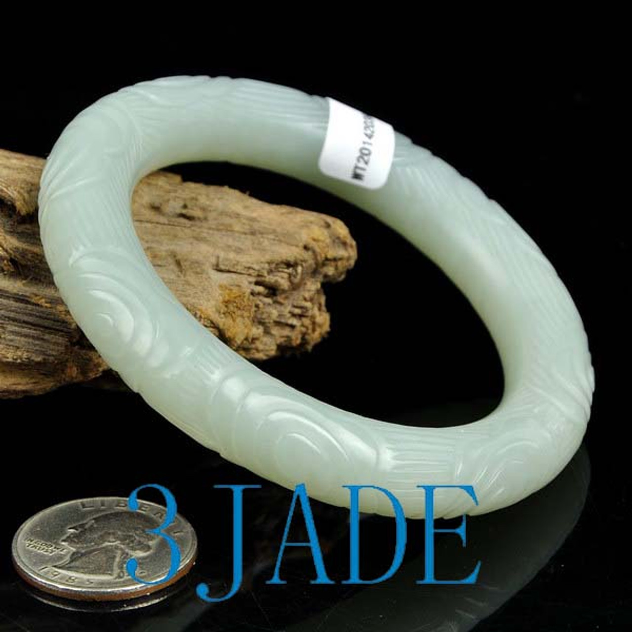 57mm White Nephrite Jade Bangle Bracelet w/ Hand-Carved Patterns, w/ Certificate