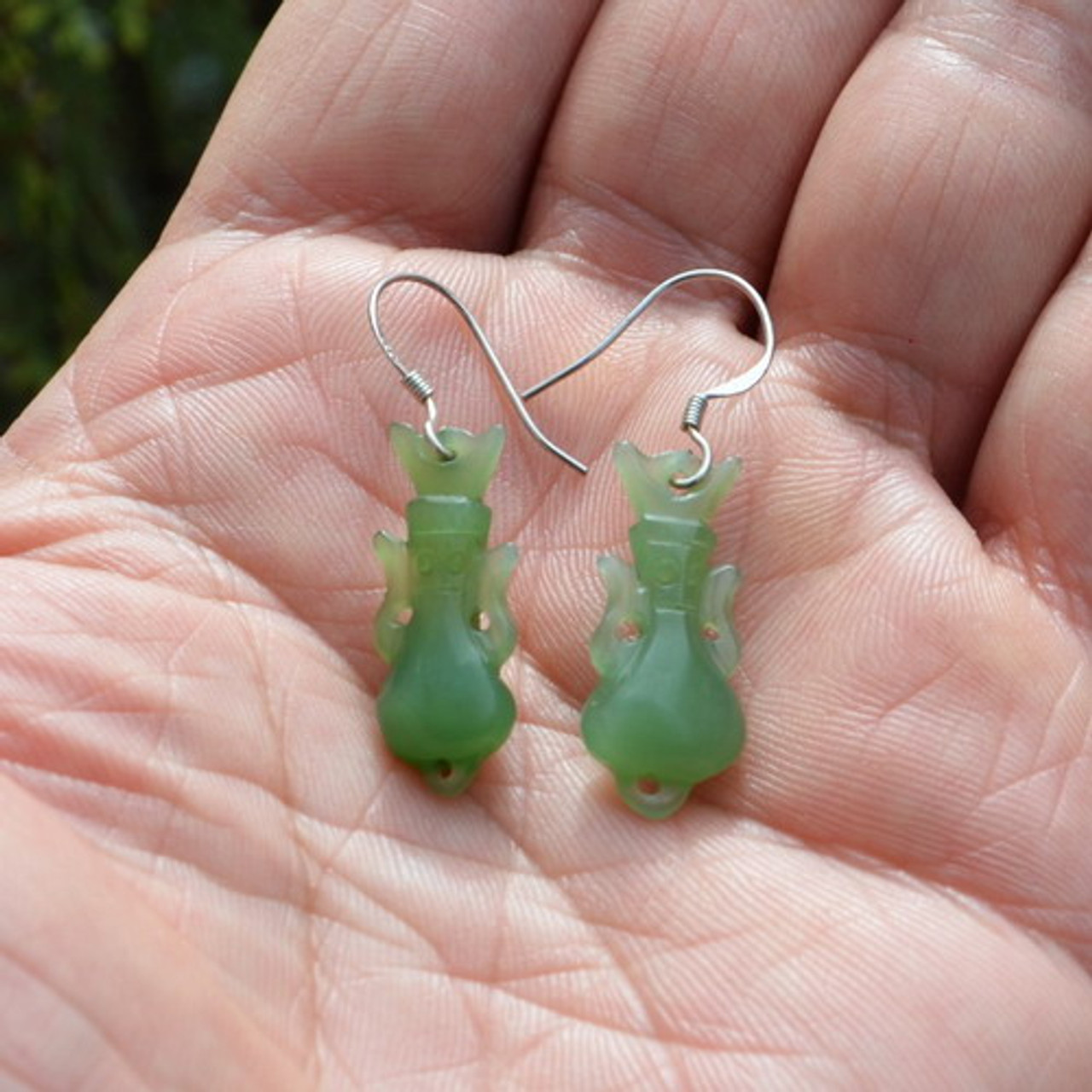 Green nephrite jade bottle shape earrings