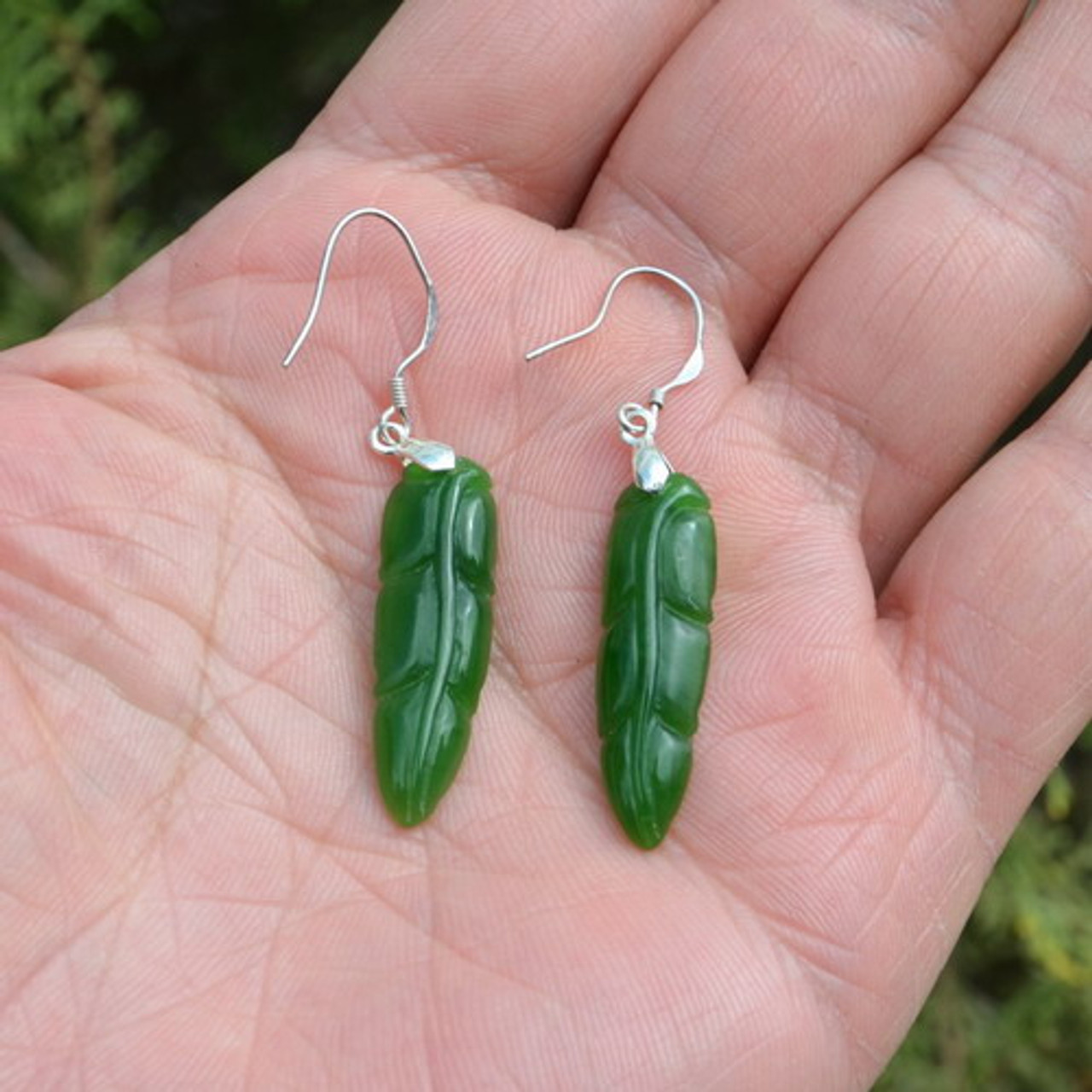 Natural Green Nephrite Jade Earrings Hand Carved Leaf Shape, F014004 -  3JADE wholesale of jade carvings, jewelry, collectables, prayer beads