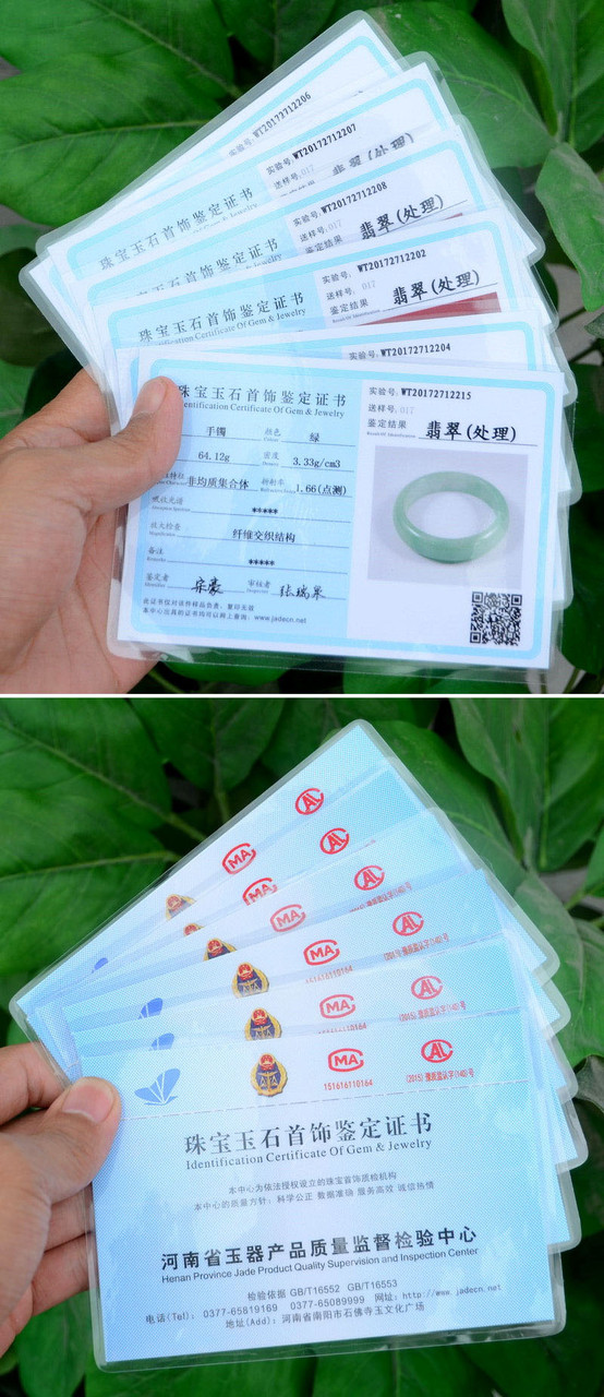 Gemstone identification certificates for jadeite bangles.