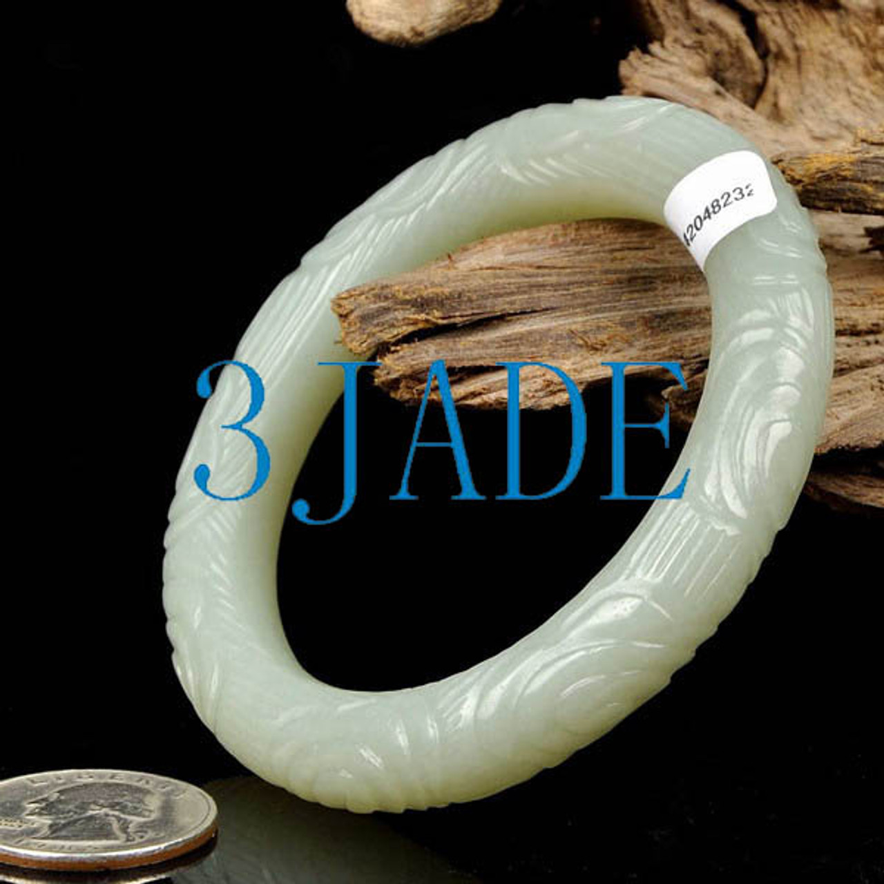 54mm Natural White Nephrite Jade Bangle Hand-carved Brocade Pattern w/ Certificate