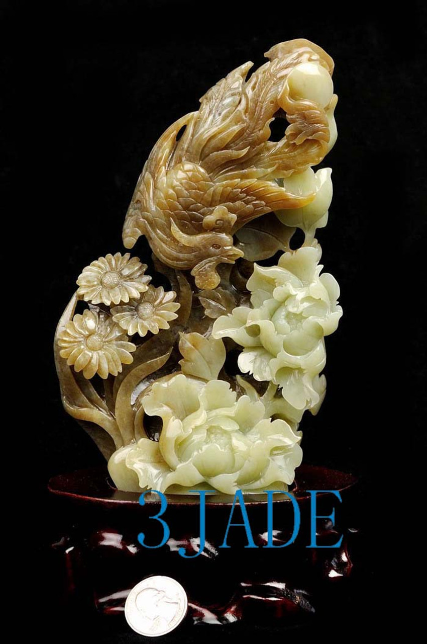 Hetian Jade Statue Phoenix Peony