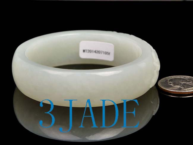 59.5mm Hand Carved Hetian White Jade Peony Flower Chunky Bangle Bracelet w/ Certificate -C004275