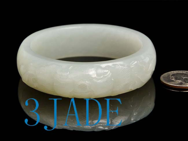 59.5mm Hand Carved Hetian White Jade Peony Flower Chunky Bangle Bracelet w/ Certificate -C004275