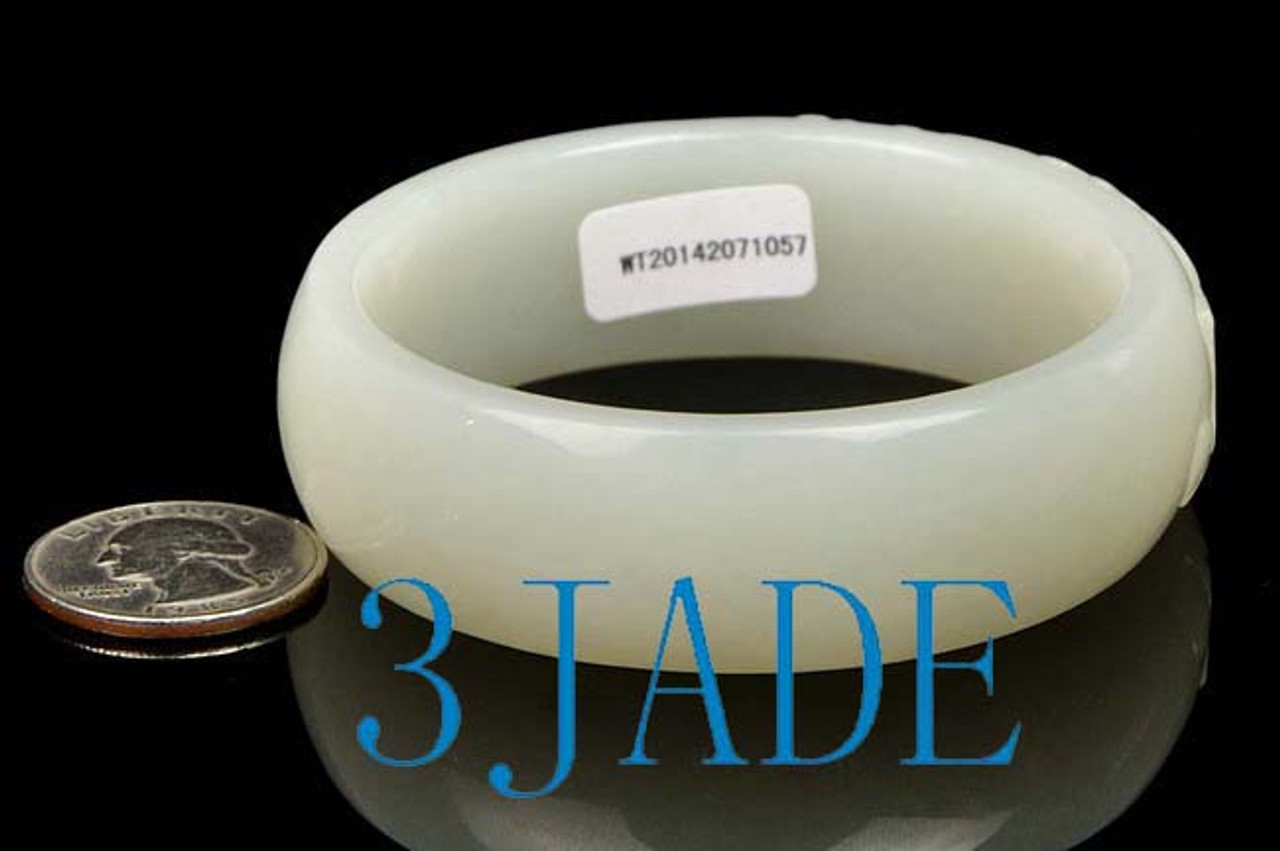 60mm Hand Carved Hetian White Jade Peony Flower Chunky Bangle Bracelet w/ Certificate -C004276