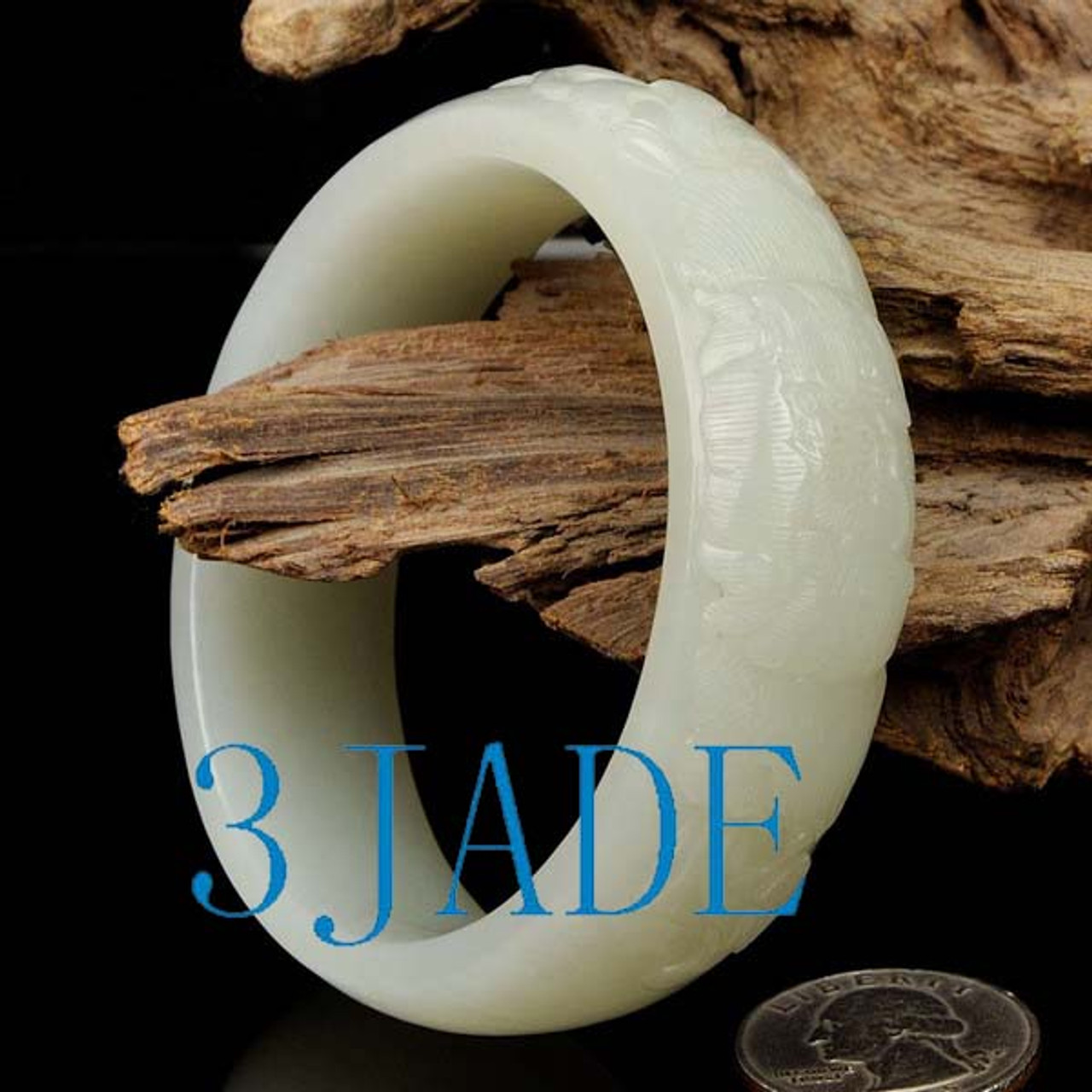 60mm Hand Carved Hetian White Jade Peony Flower Chunky Bangle Bracelet w/ Certificate -C004276