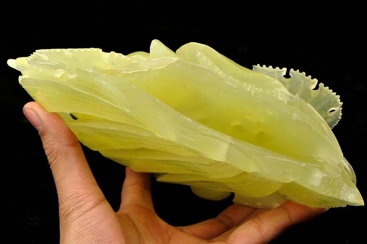 Natural Translucent Xiu Jade / Serpentine Koi Fish Statue / Carving / Sculpture -J004096