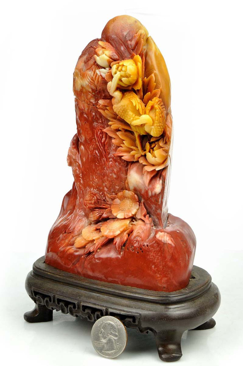 Natural ShouShan Stone Bird Flower Statue Sculpture /Agalmatolite Carving -J010265