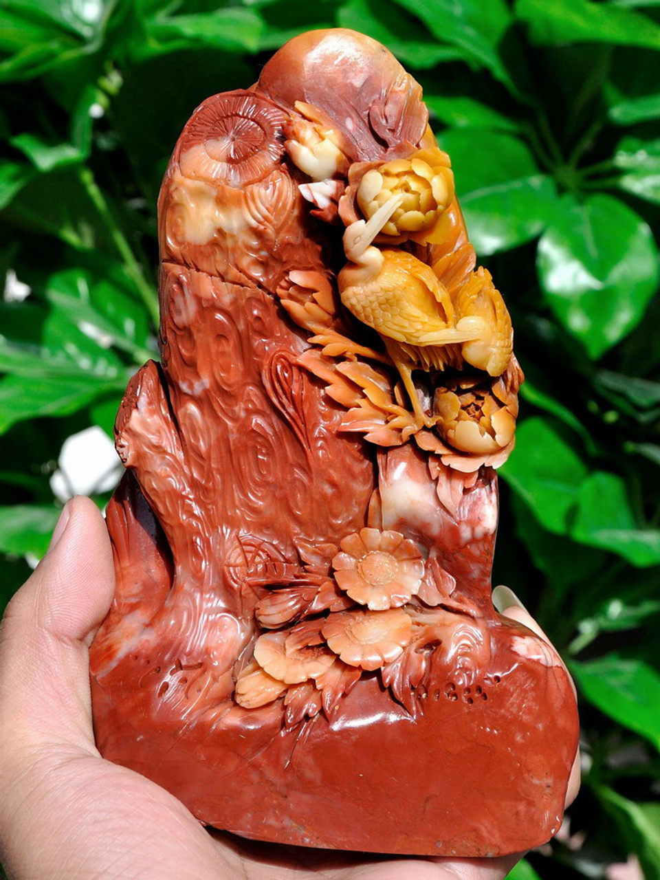 Natural ShouShan Stone Bird Flower Statue Sculpture /Agalmatolite Carving -J010265