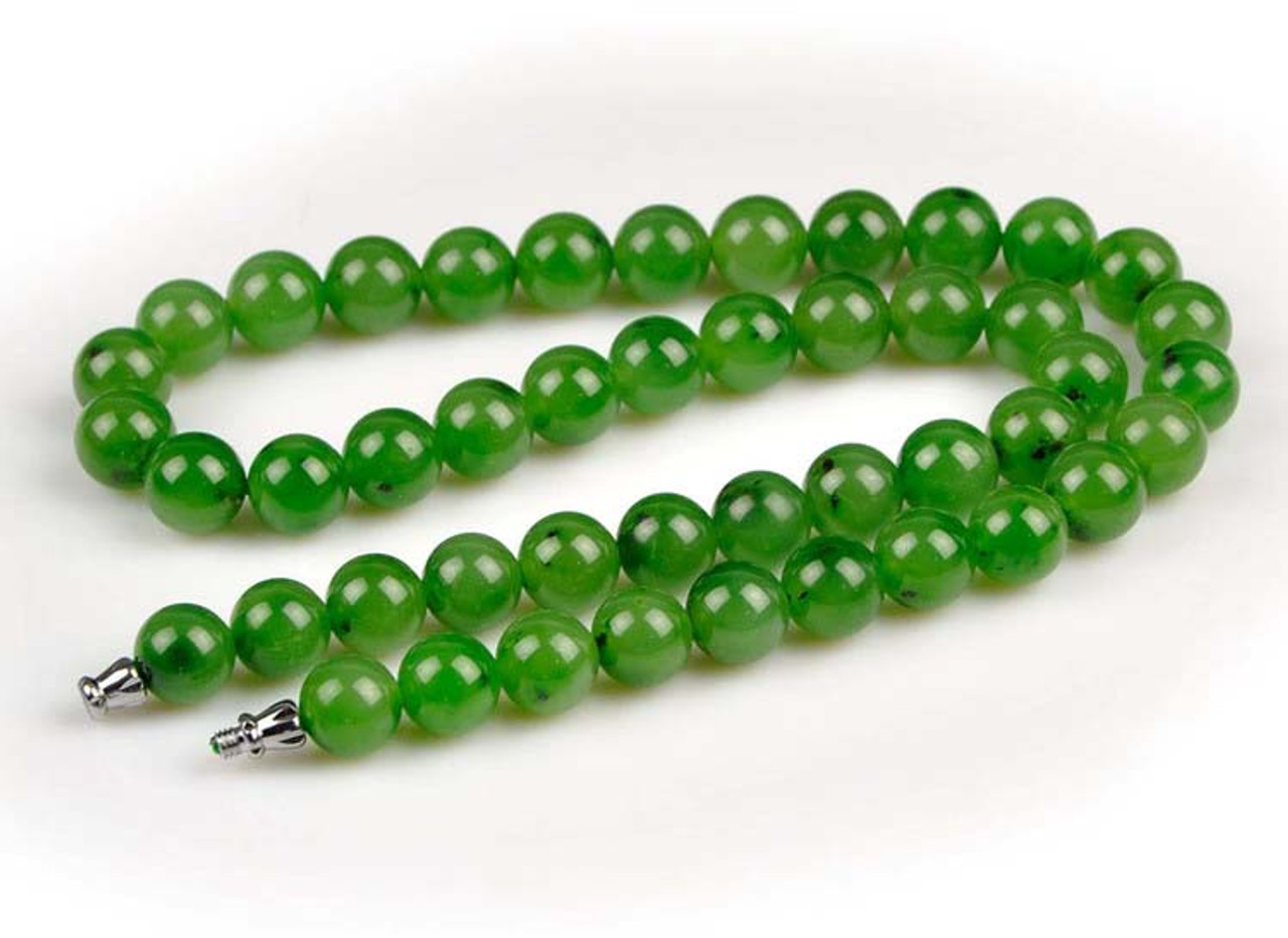 18" A Grade Natural Green Nephrite Jade Beads Necklace w/ Certificate -D001072