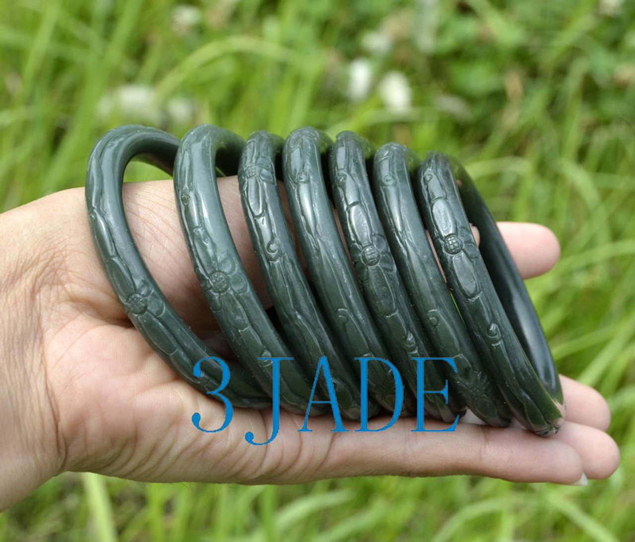 58mm Natural Nephrite Jade Carved Flower Bangle Bracelet