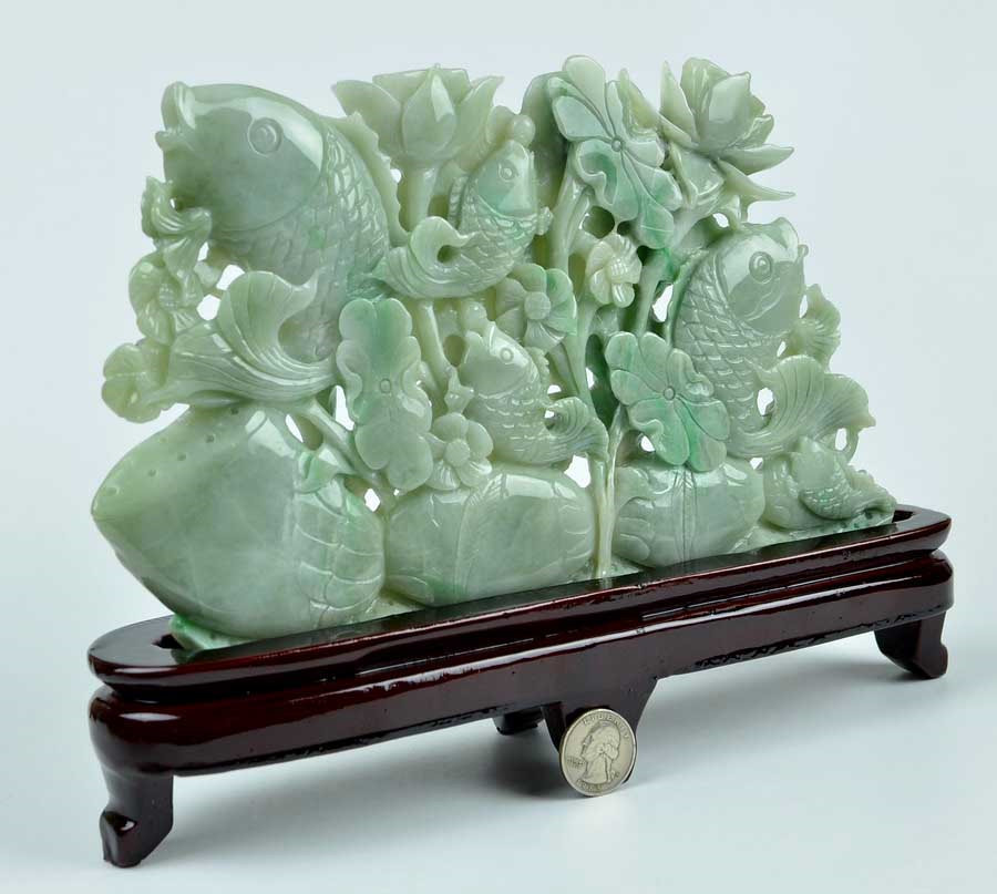 A Grade Jadeite Lotus Koi Fish & Lotus Flower Statue Carving Sculpture