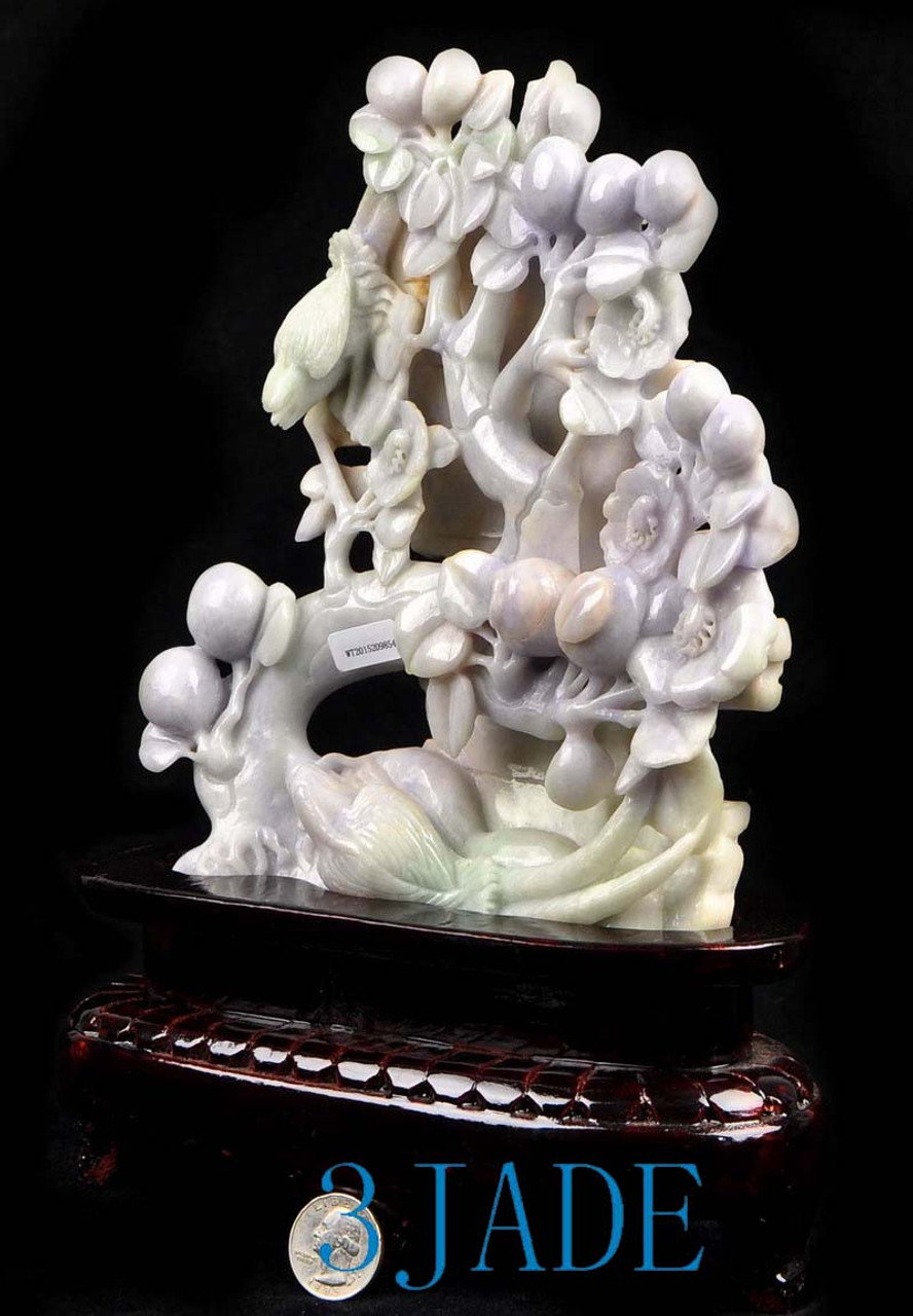 A Grade Jadeite Jade Bird Flower Statue Carving Art w/ Certificate -J022382