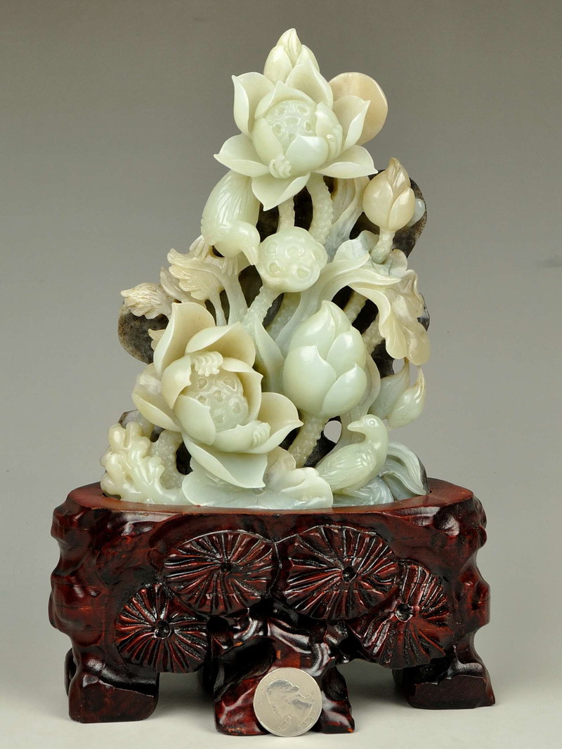Natural Hetian Nephrite Jade Lotus Flower & Bird Statue Carving