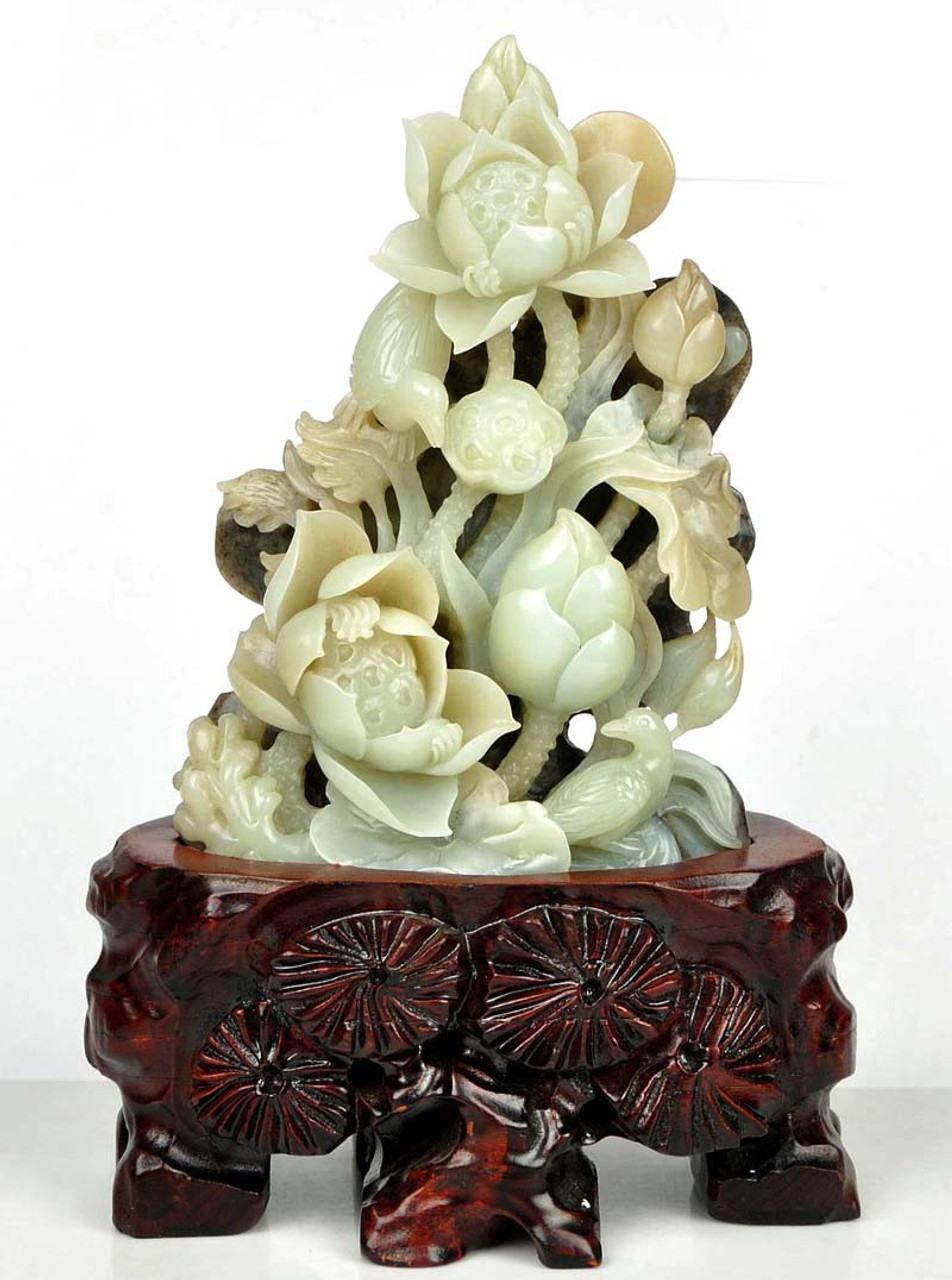 Natural Hetian Nephrite Jade Lotus Flower & Bird Statue Carving ...