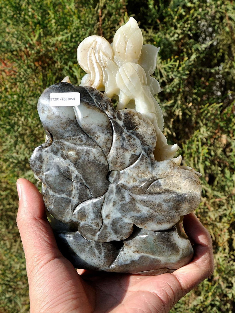 Natural Hetian Nephrite Jade Lotus Flower & Bird Statue Carving