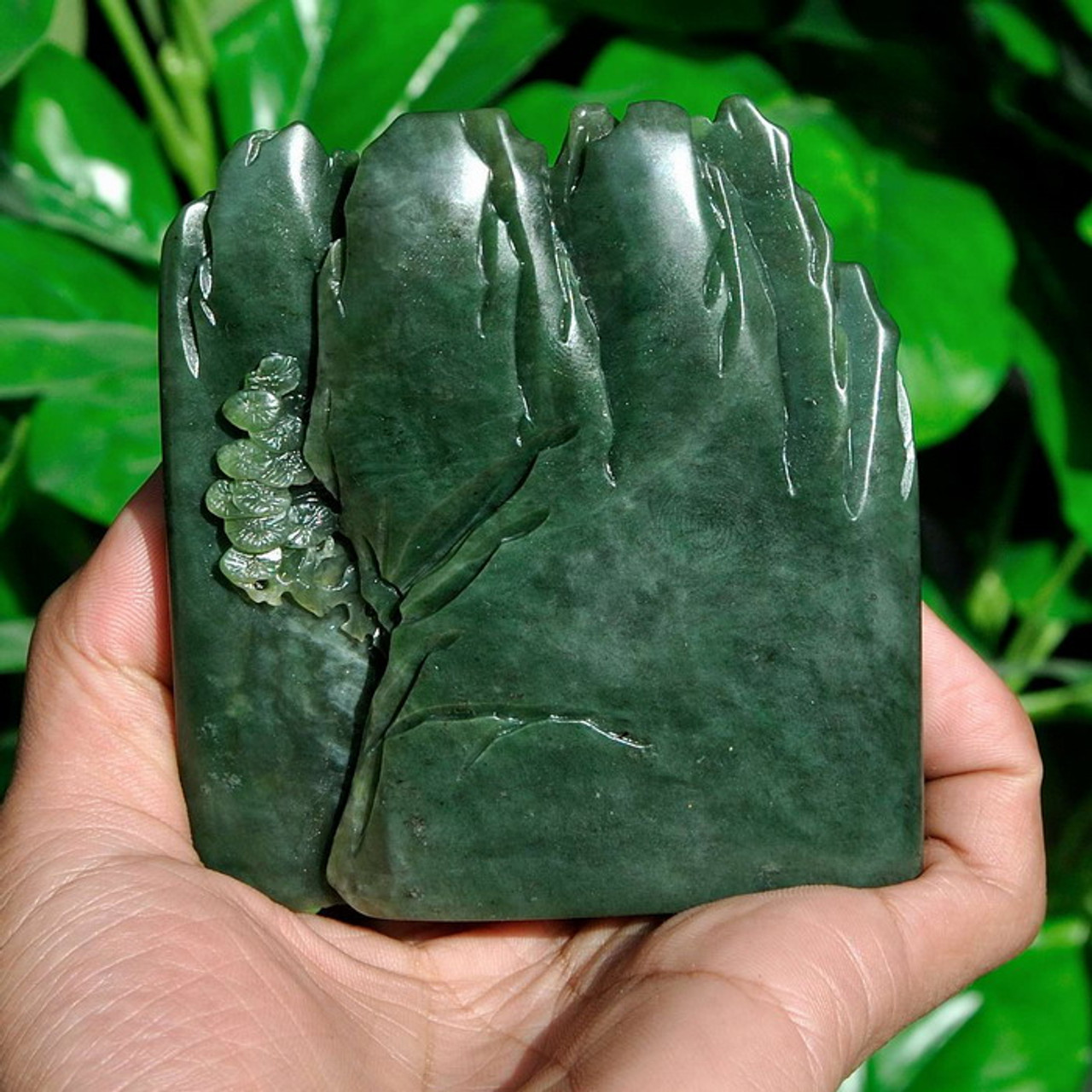 Natural Green Nephrite Jade Mountain Scenery Carving Pine Tree & Crane  Sculpture -J026220