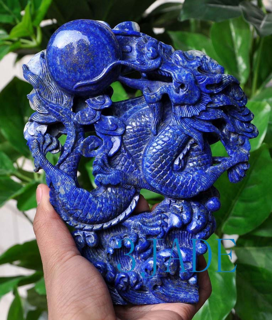 Natural Lapis Lazuli Playing Dragon Statue Gemstone Carving Sculpture Chinese Art Decor -J040298