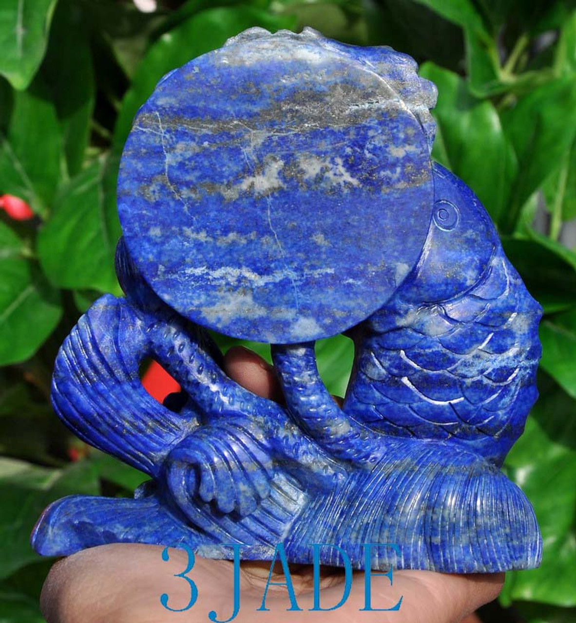 Natural Lapis Lazuli Lotus Koi Fish Statue Gemstone Carving Sculpture Art -J040299