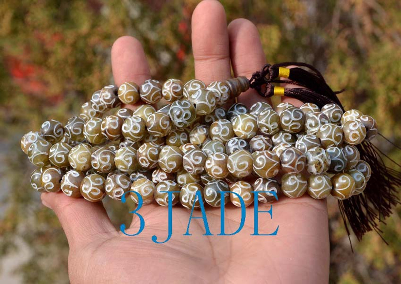 Carved flower jade Prayer Beads