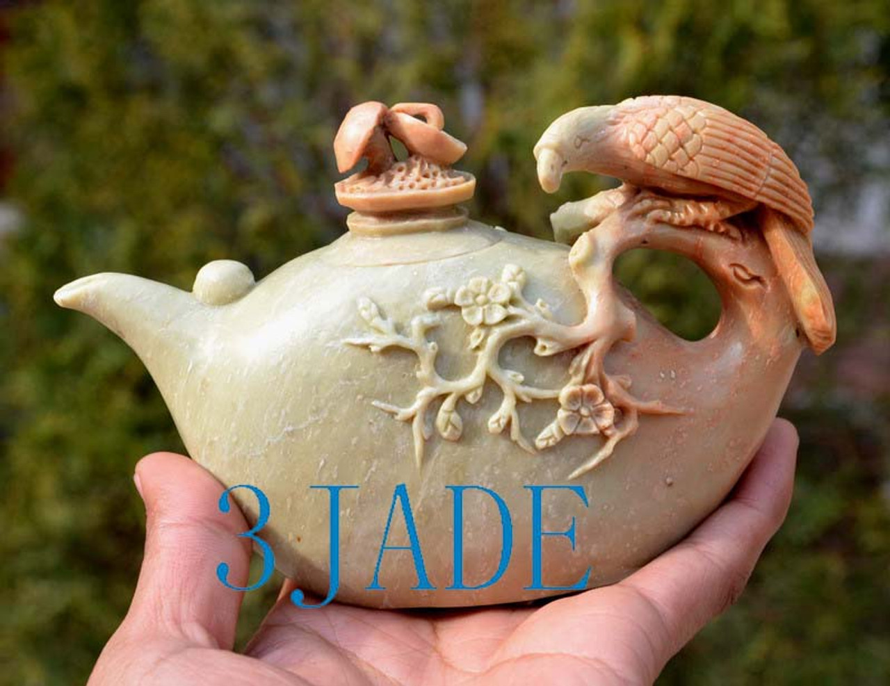 Natural ShouShan Stone Bird & Flower Teapot Agalmatolite Carving / Sculpture /Statue -J010286Z