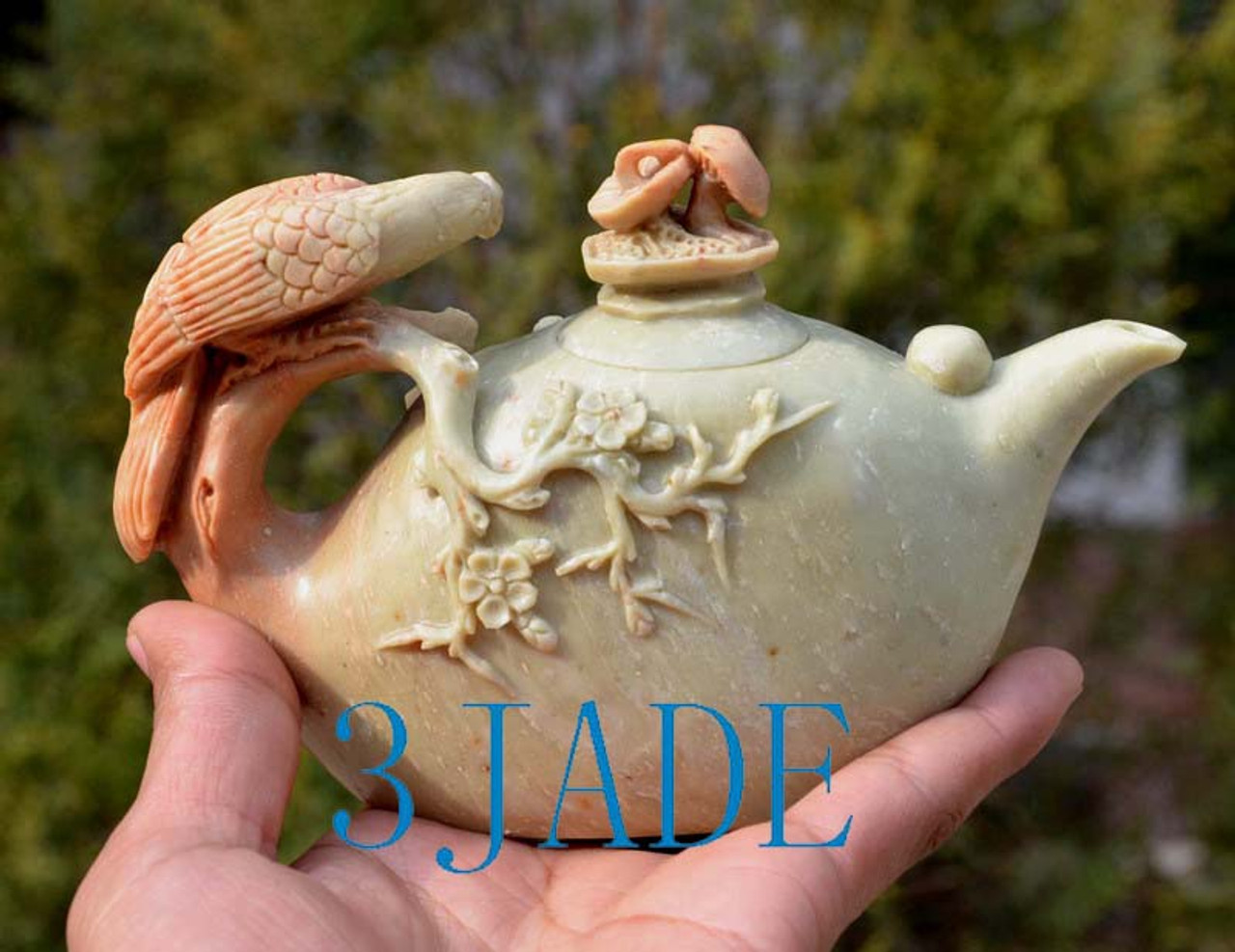Natural ShouShan Stone Bird & Flower Teapot Agalmatolite Carving / Sculpture /Statue -J010286Z