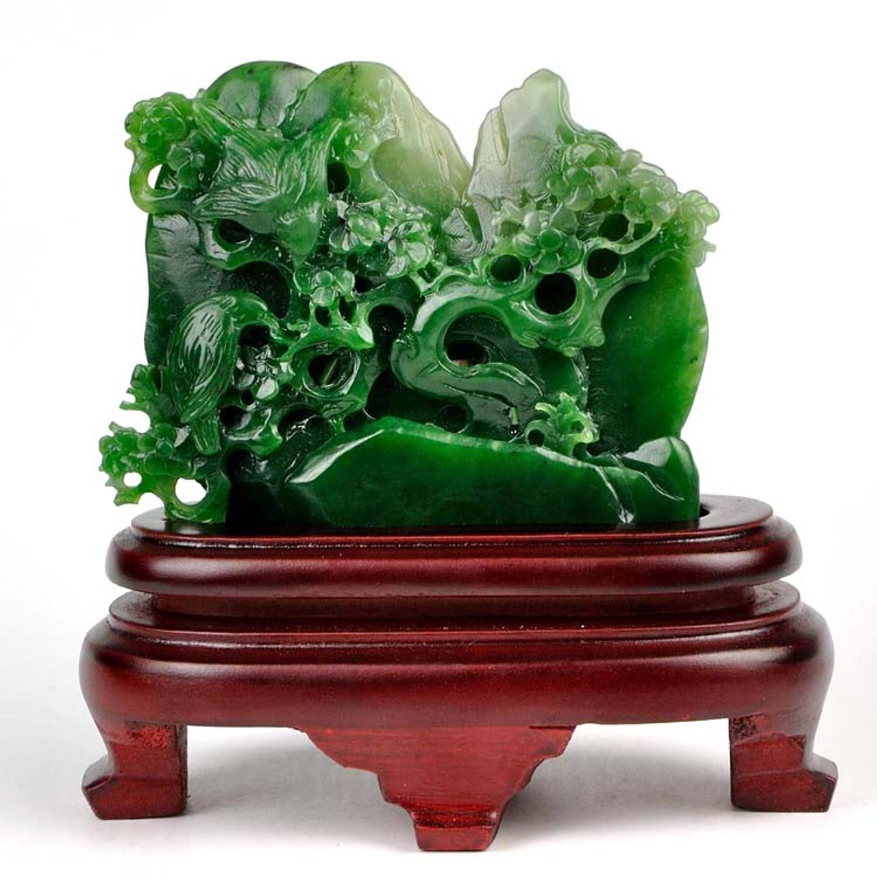 Natural Green Nephrite Jade Plum Flower & Bird Statue Sculpture Carving ...