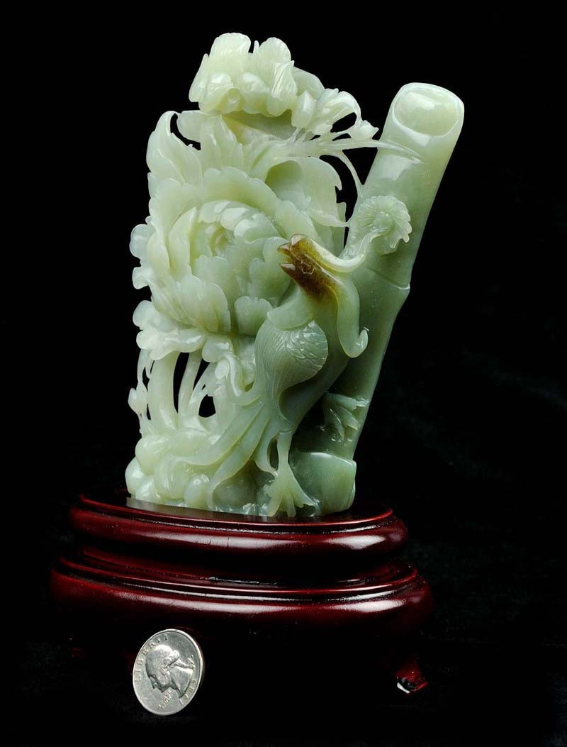 Natural Hetian Nephrite Jade Peony Flower & Phoenix Statue