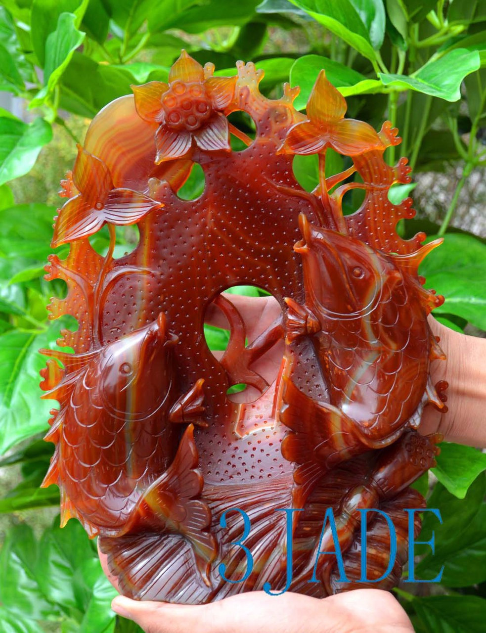 Carnelian / Red agate Double Koi Fish Carving Statue / Sculpture -J028003