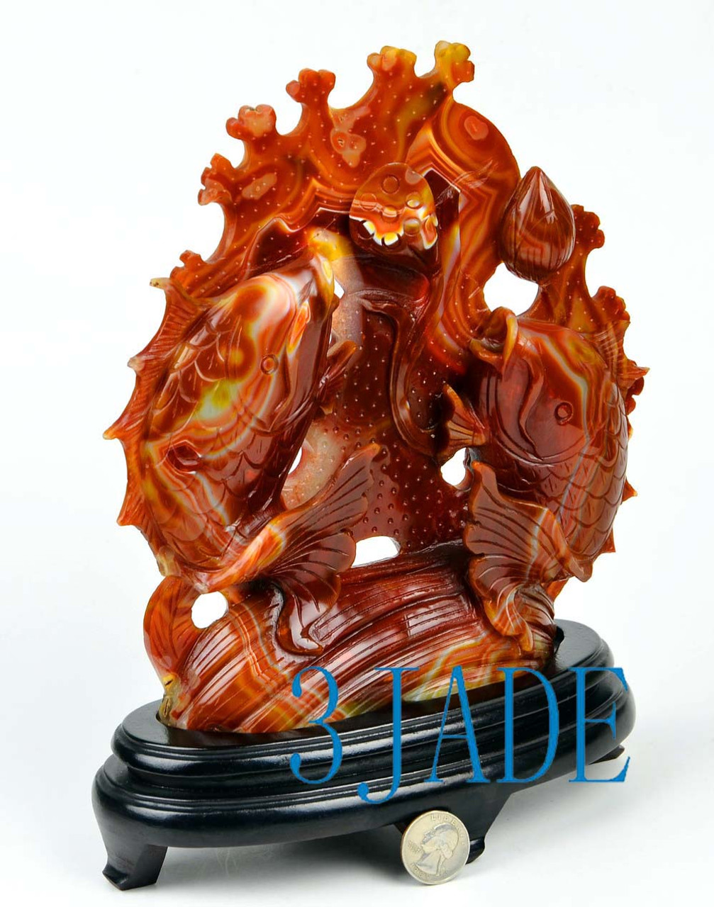 Carnelian / Red agate Double Koi Fish Carving Statue / Sculpture