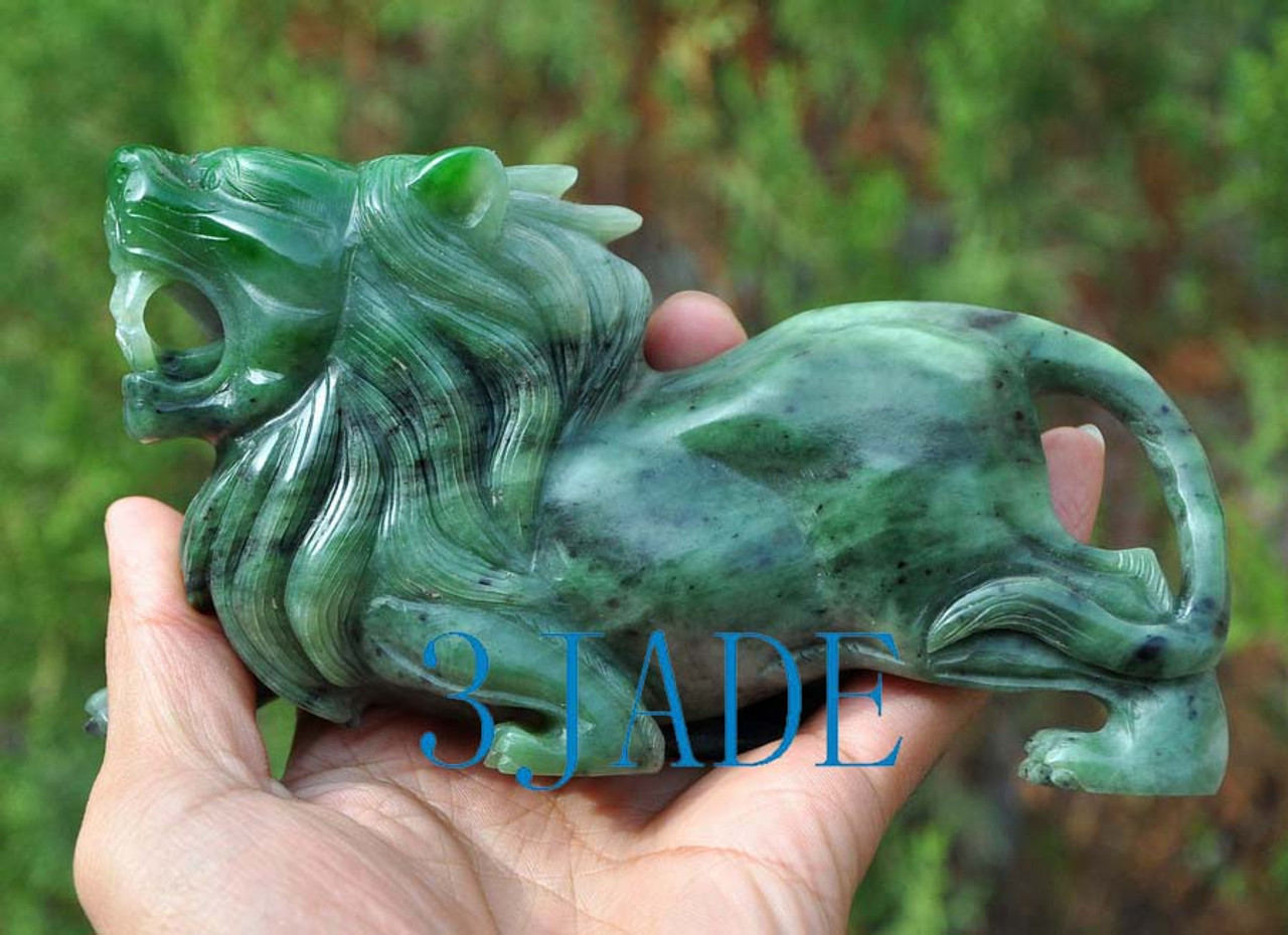 Natural Green Nephrite Jade Lion Statue Sculpture Carving -J026274