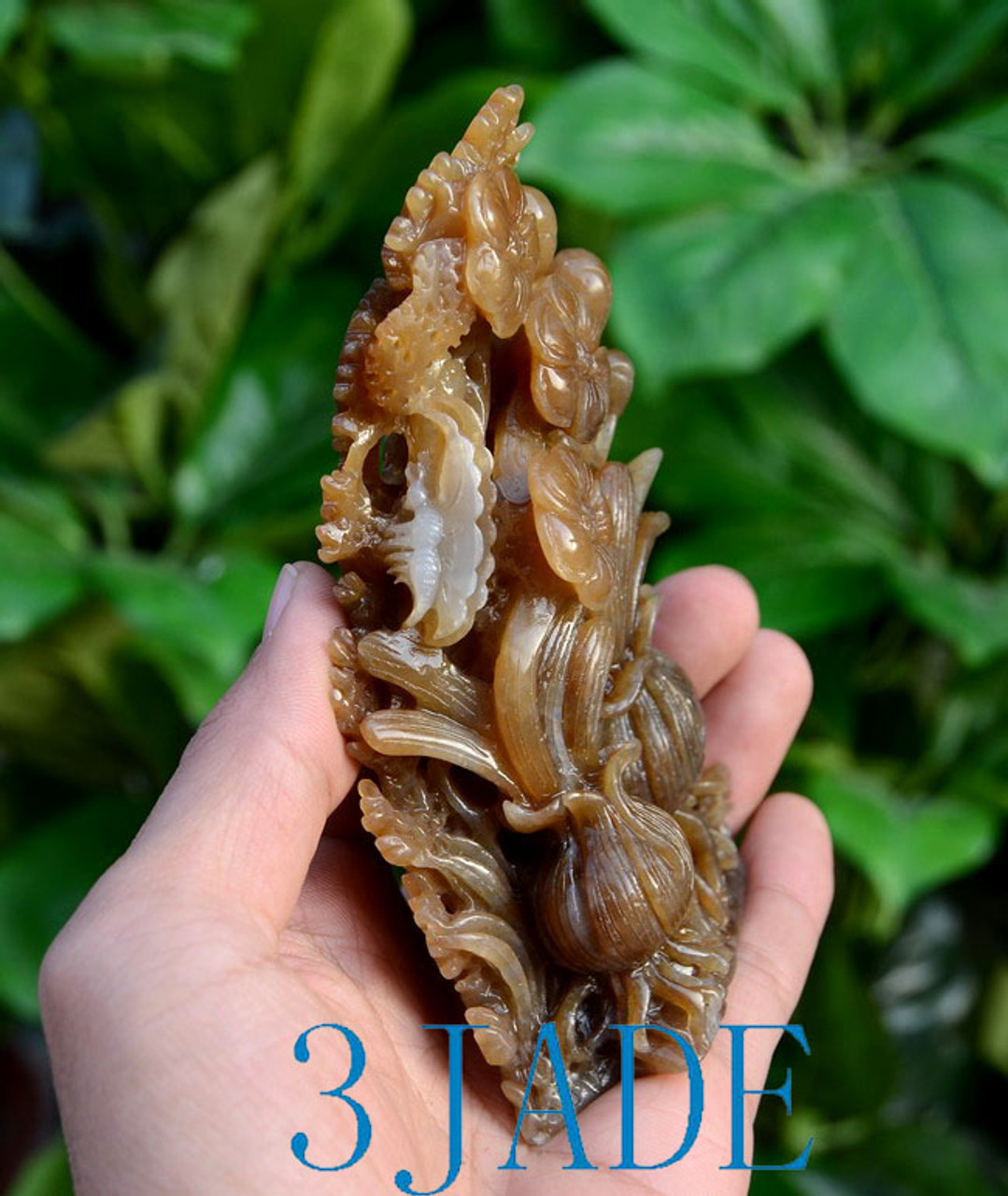 Hand Carved Honey Brown Nephrite Jade Daffodil Flower Statue w/ certificate -J026290